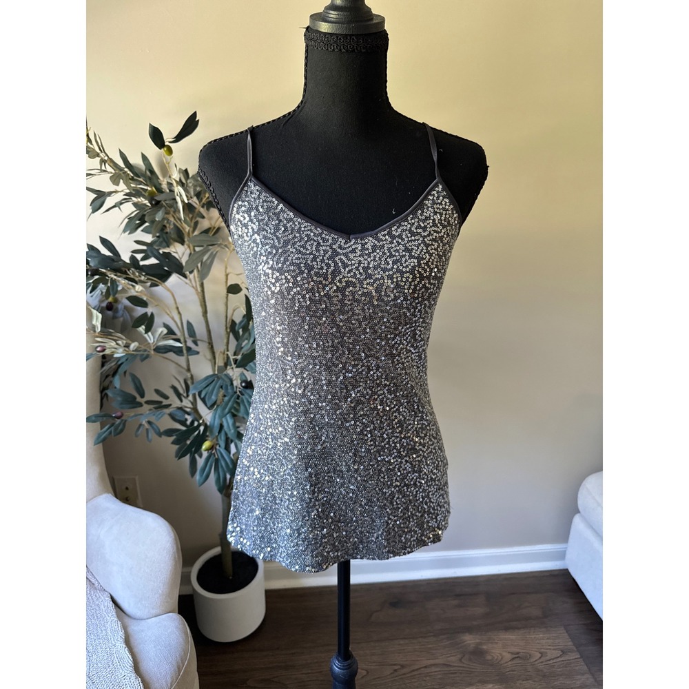 Express Silver Sequin Camisole V-Neck Adjustable Strap Tank Top NWT Small